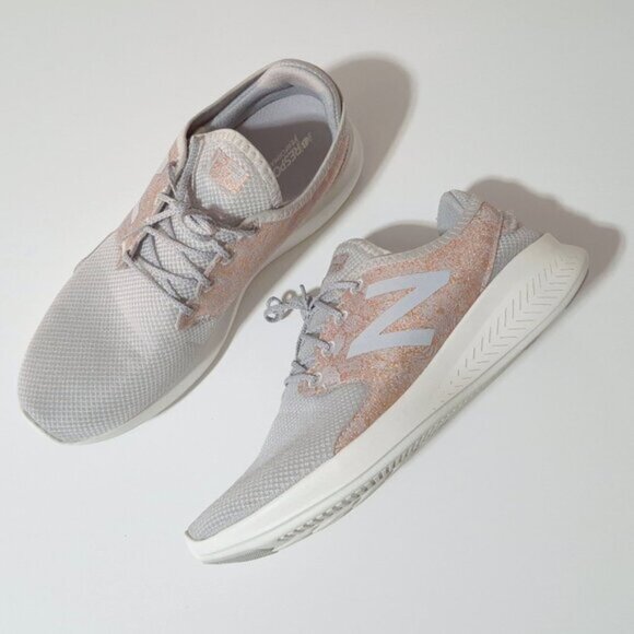 EUC New Balance silver light grey & rose gold floral jacquard accented sneakers - Picture 4 of 10